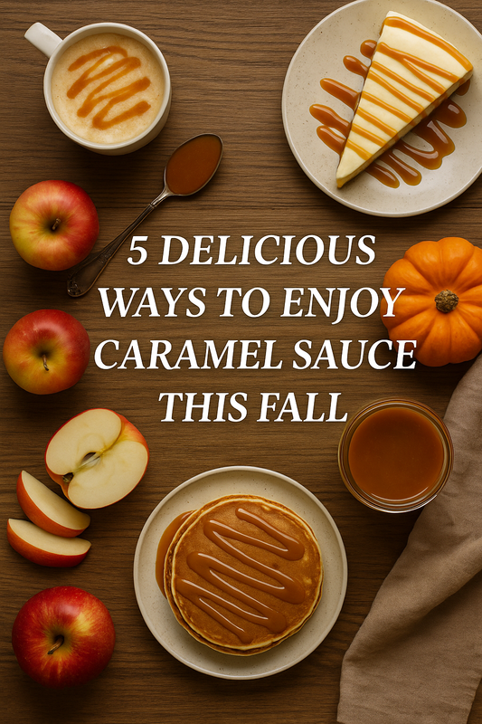 Caramel-drizzled fall treats with apples, cheesecake, pancakes, and coffee.
