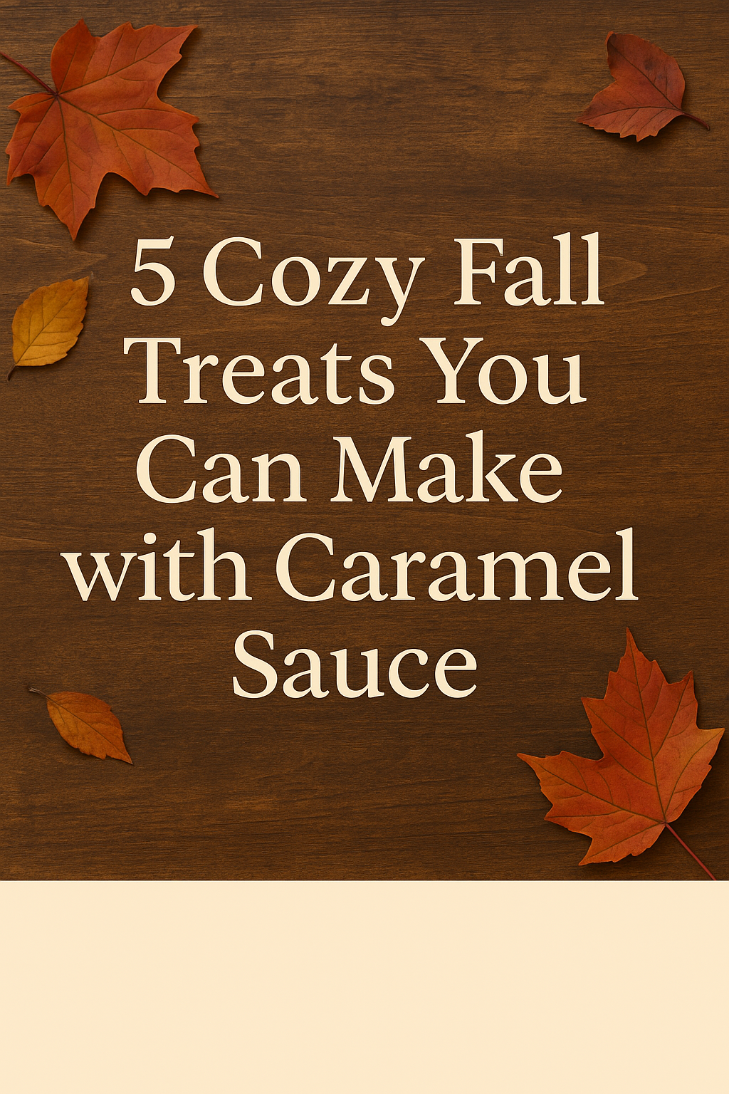Rustic wooden background with scattered autumn leaves and the blog title text: 5 Cozy Fall Treats You Can Make with Caramel Sauce.