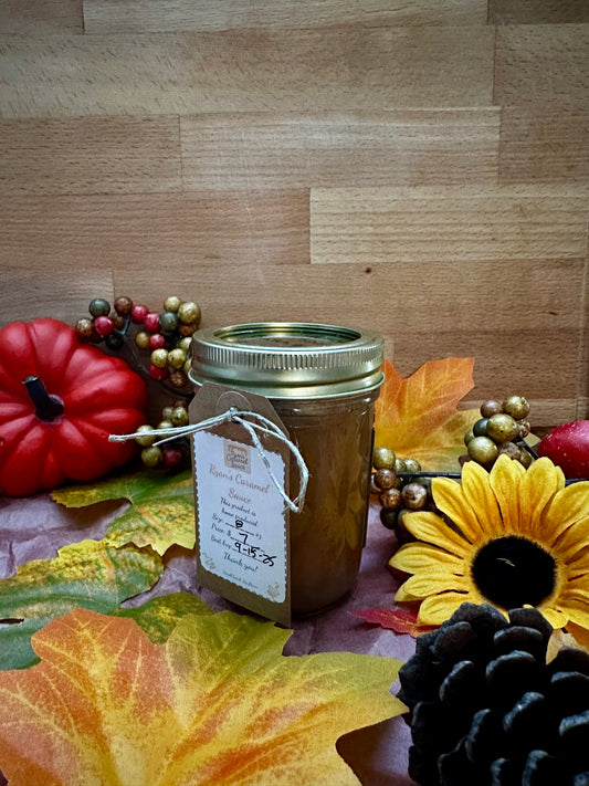 Apple Cinnamon Caramel – Fall Limited Edition in a mason jar with festive autumn decor, ideal for seasonal dessert toppings and gourmet gifts.